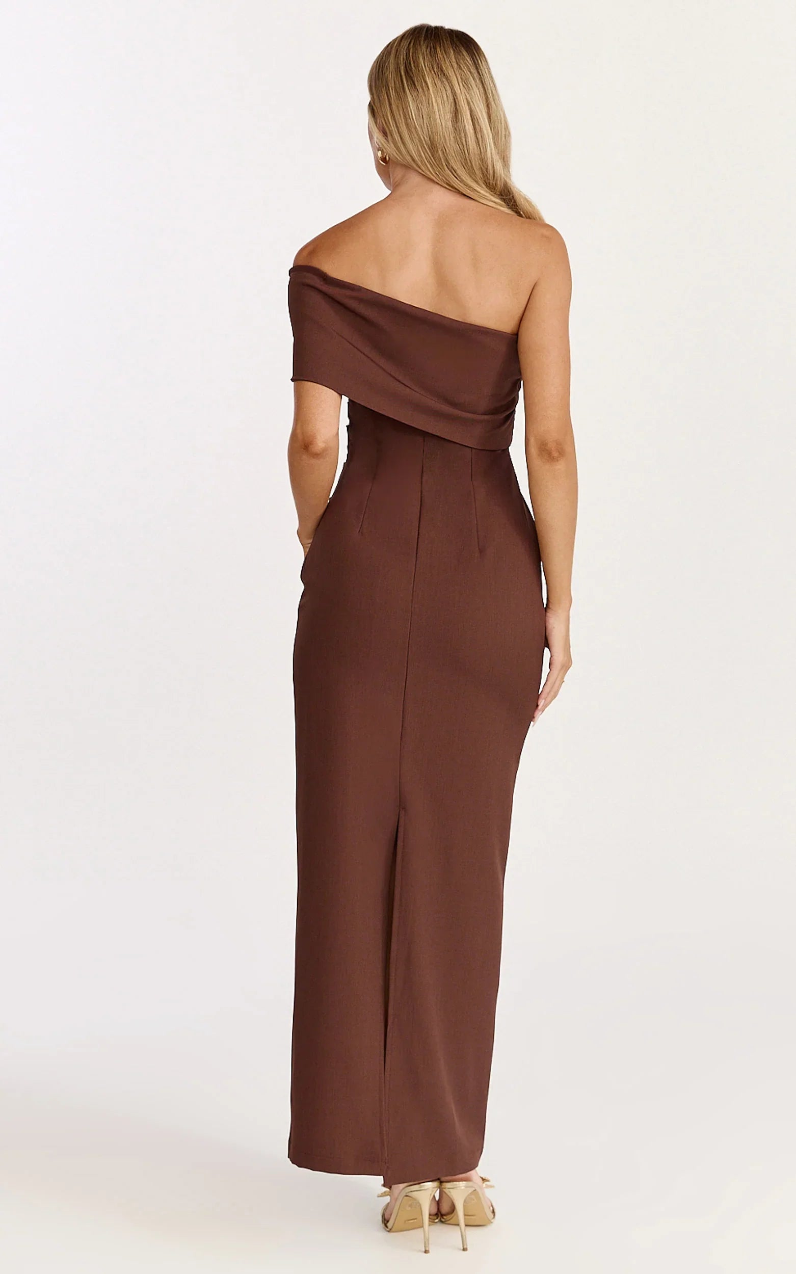Pearce Maxi Dress - Gathered One Sleeve Bodycon Dress in Brown