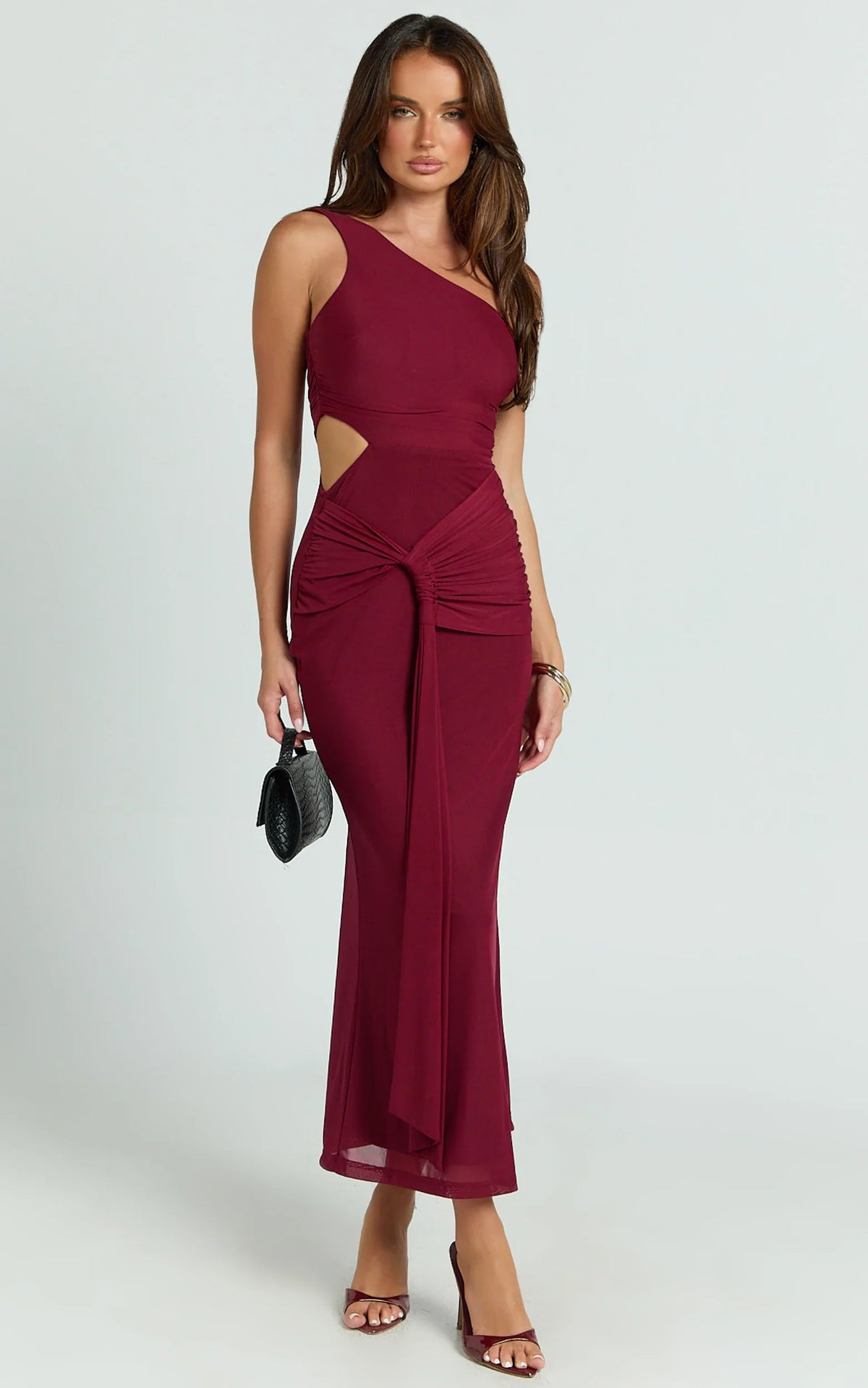 Mandy Midi Dress - Knot Detail Cut Out Mesh Dress in Wine