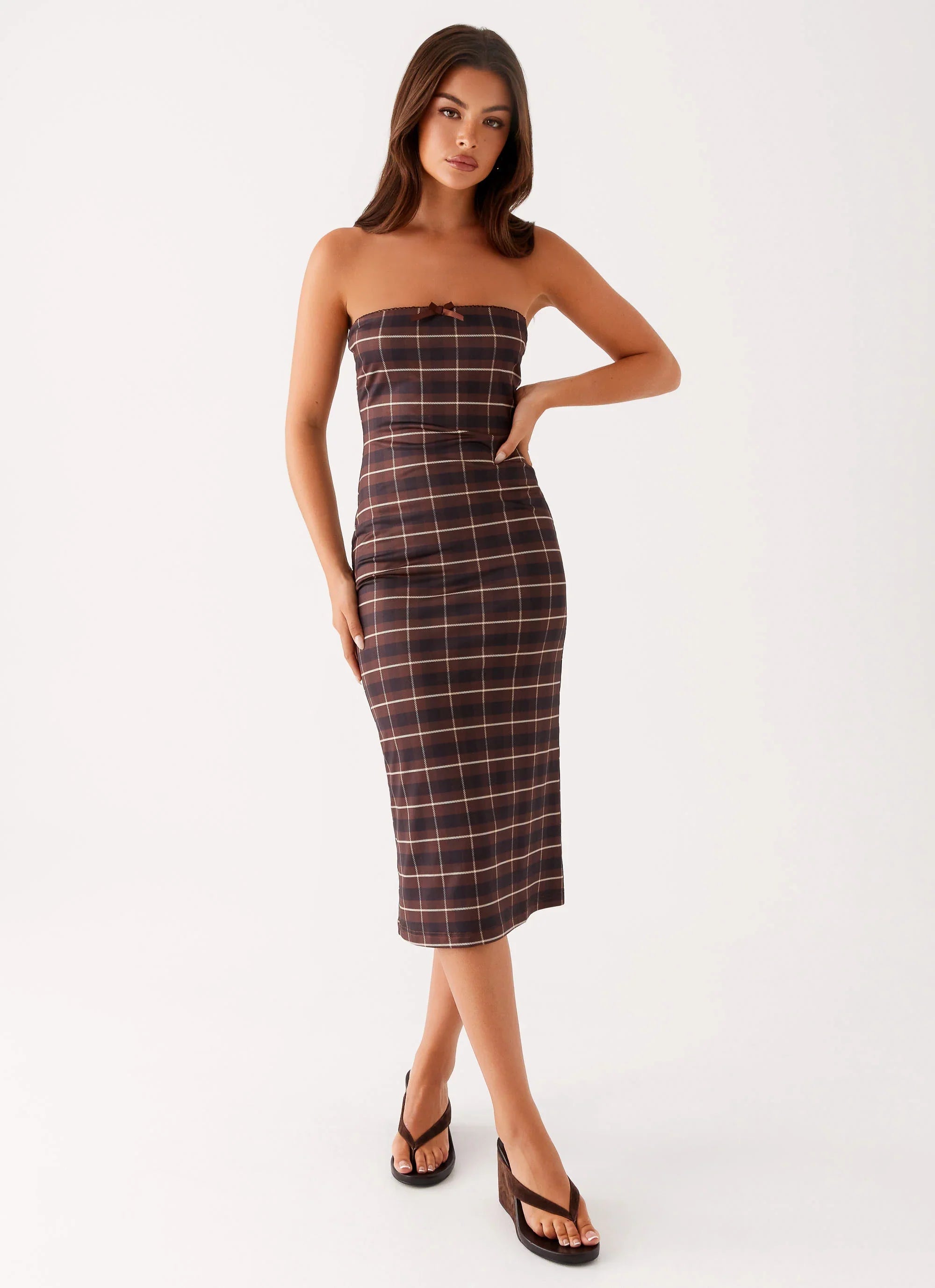Niko Strapless Midi Dress - Brown Black Check