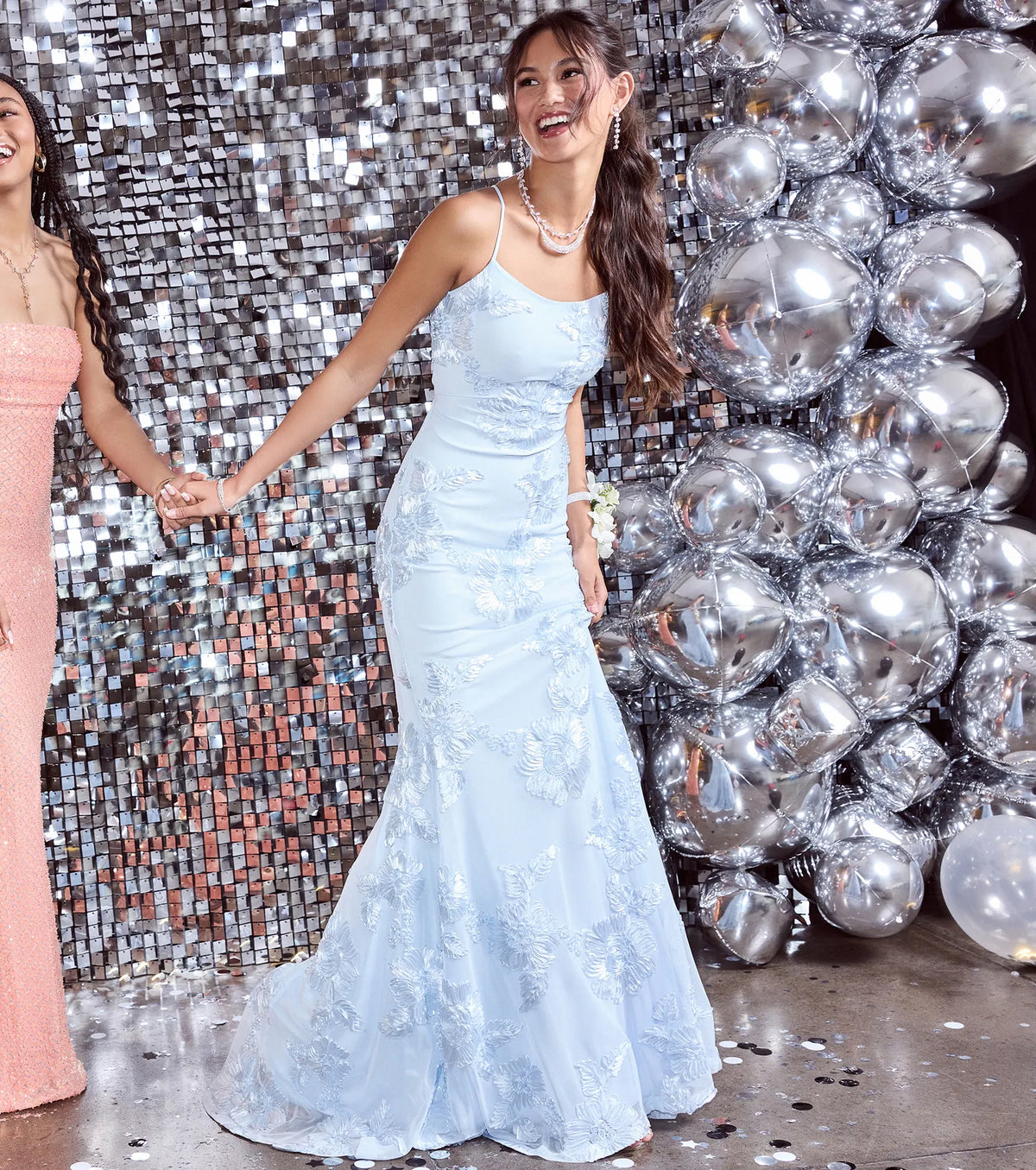 Gabi Lace-Up Floral Trim Mermaid Formal Dress