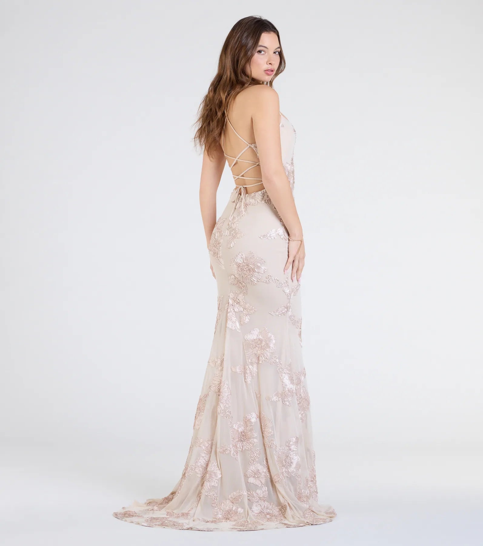 Gabi Lace-Up Floral Trim Mermaid Formal Dress