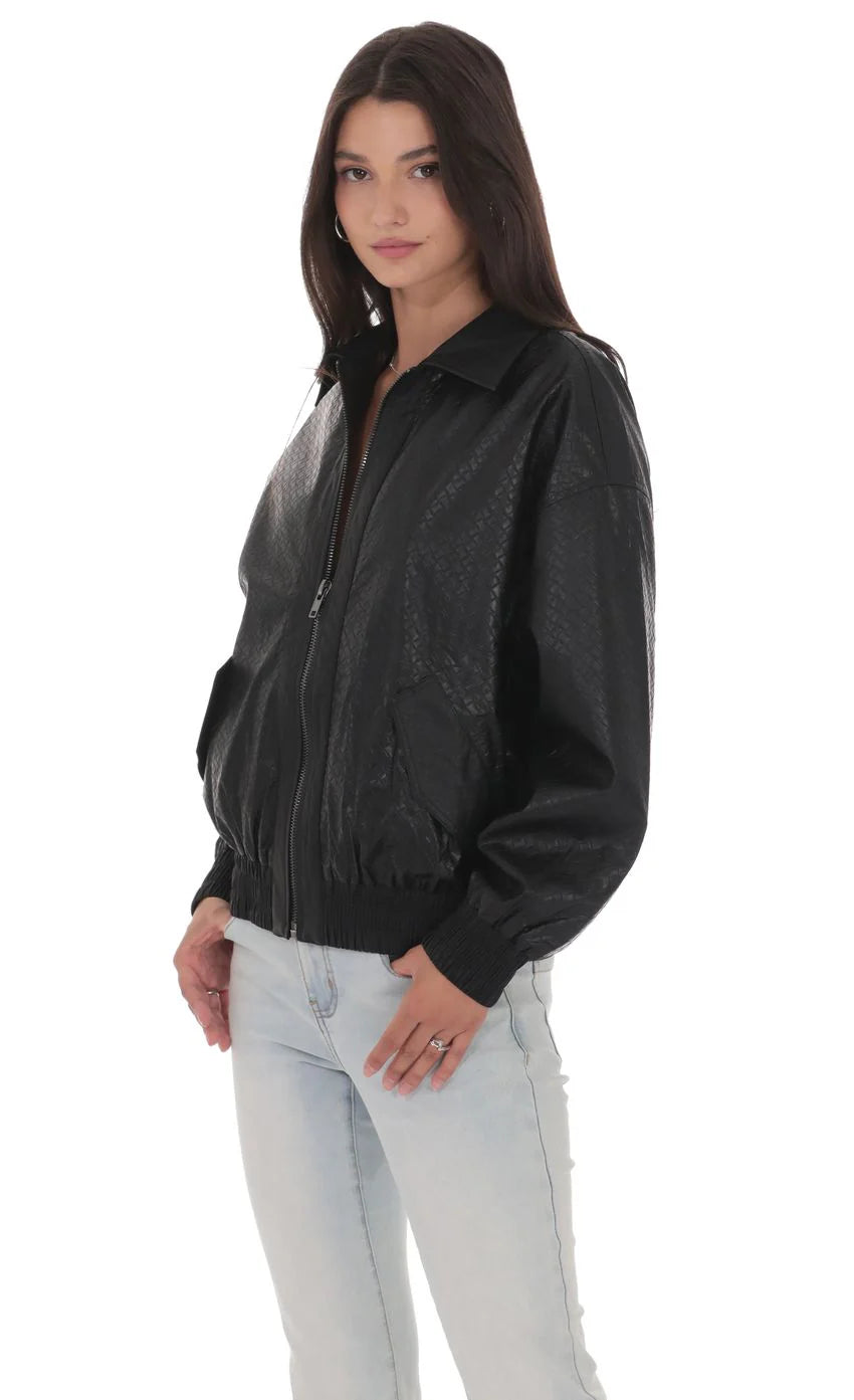 Woven Faux Leather Bomber Jacket in Black