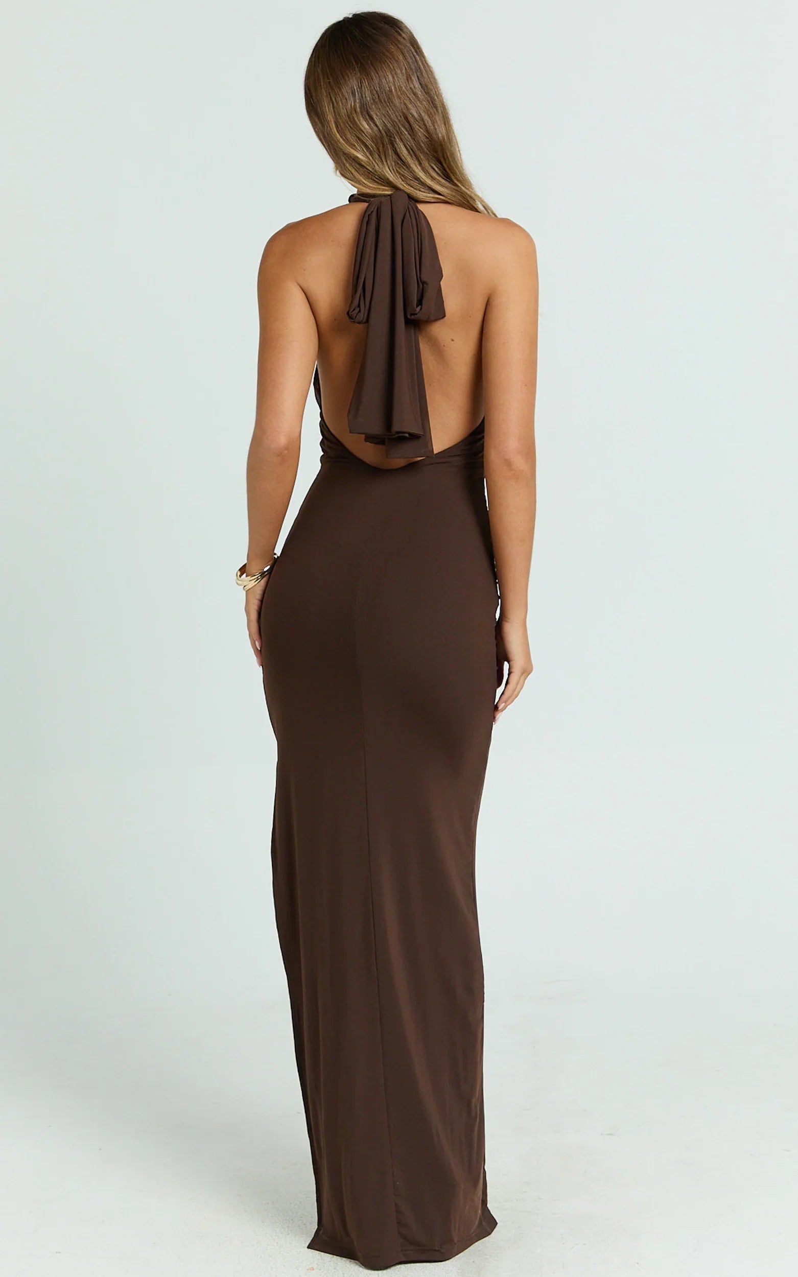 Francis Maxi Dress - Halter Ruched Backless Dress in Dark Chocolate